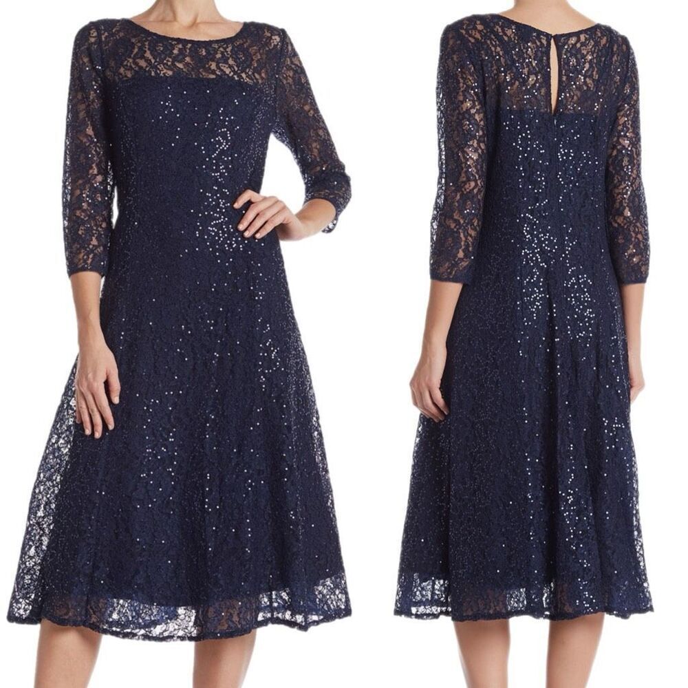 NWT SLNY Fashions Lace overlay sequin fit and flare midi dress in midnight blue.